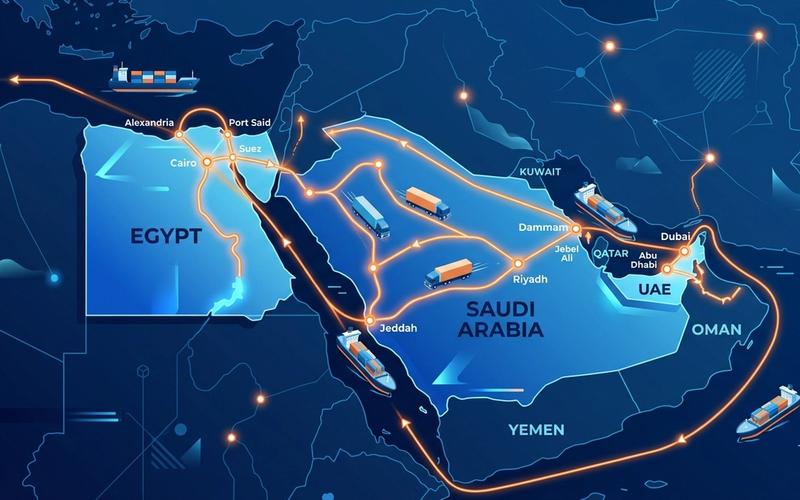 An editorial illustration showing logistics routes and shipping networks across Egypt, Saudi Arabia, and the UAE.