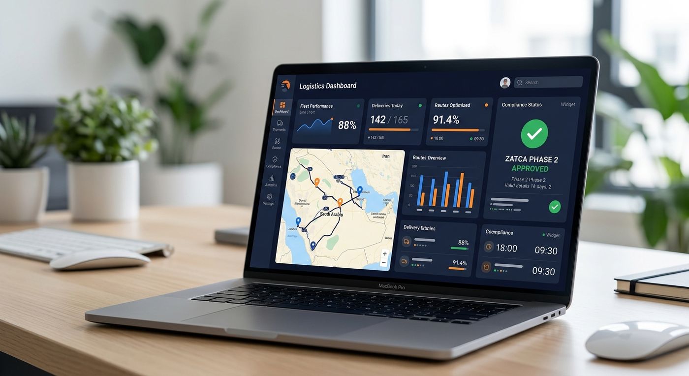 Shiprex SaaS dashboard showing ZATCA compliance status and logistics operations metrics on a laptop.
