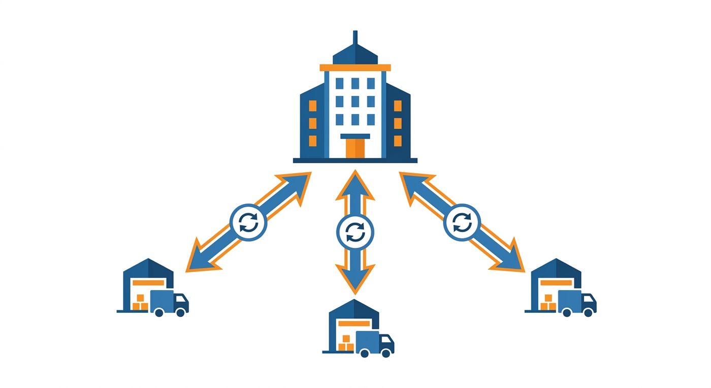 A technical diagram illustrating a centralized multi-branch shipping system structure connecting regional hubs to a main headquarters.