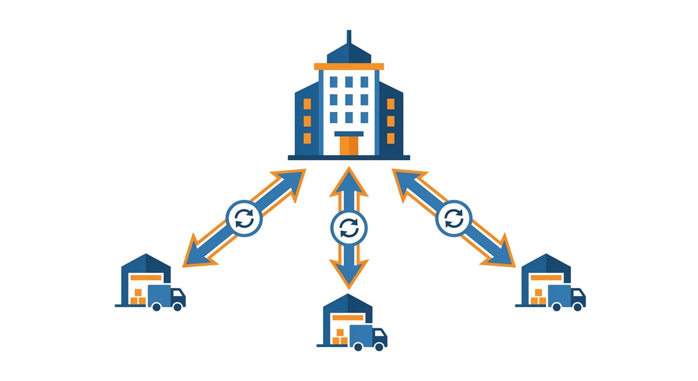 A technical diagram illustrating a centralized multi-branch shipping system structure connecting regional hubs to a main headquarters.