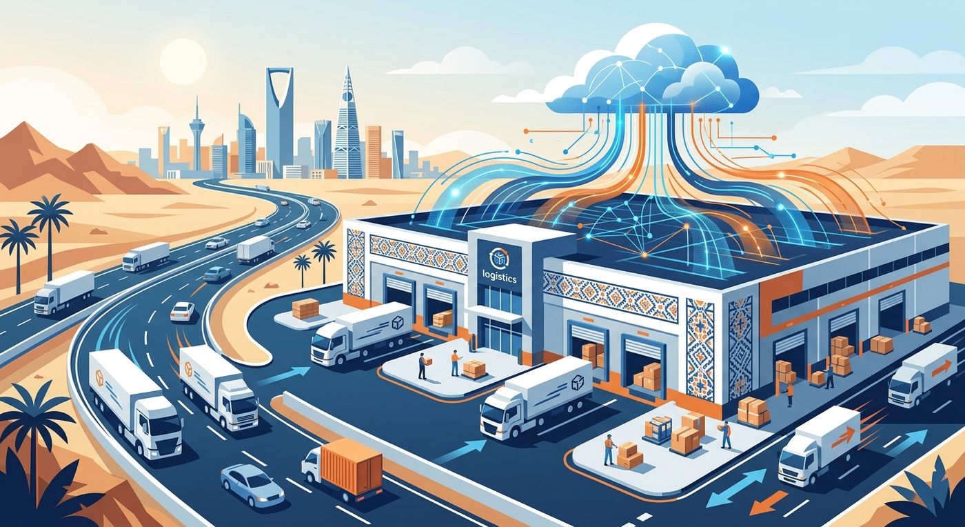 Flat vector illustration of a fast-moving logistics warehouse hub in KSA, demonstrating efficient delivery management system compliant with Zakat and Income.