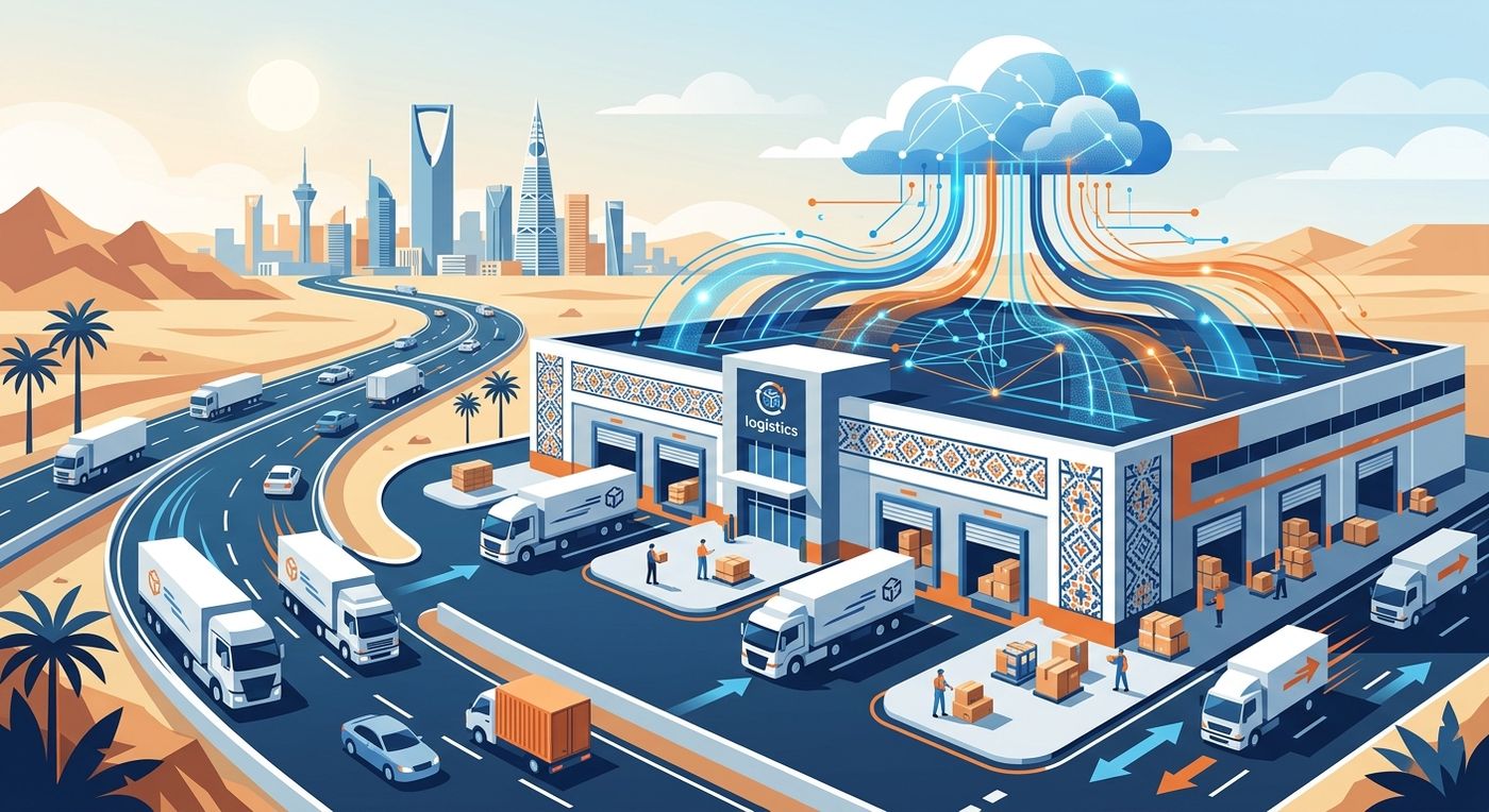 Flat vector illustration of a fast-moving logistics warehouse hub in KSA, demonstrating efficient delivery management system compliant with Zakat and Income.