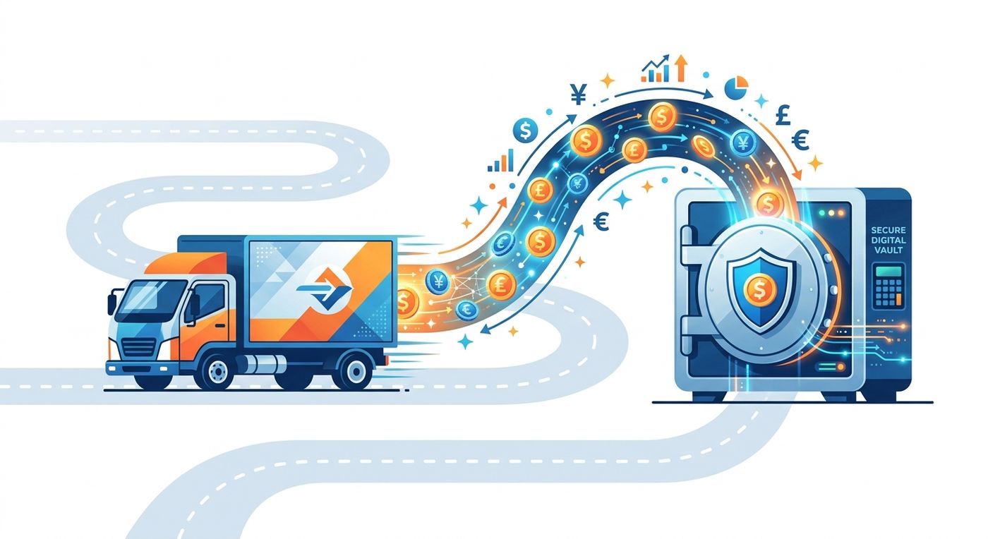 A flat editorial illustration conceptualizing how automated COD tools solve courier cash flow delays and streamline logistics finance.