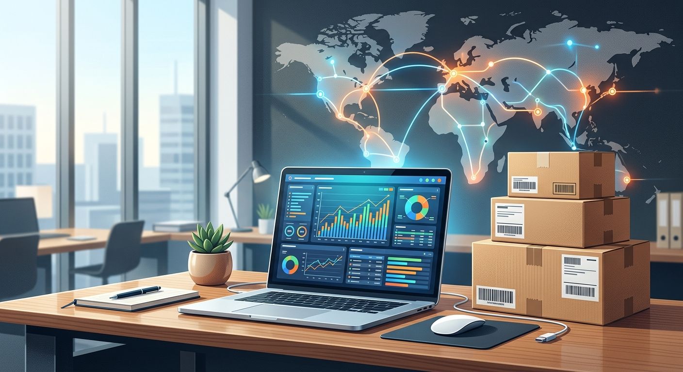 Professional desk with laptop displaying spreadsheets and stacked shipping boxes with labels