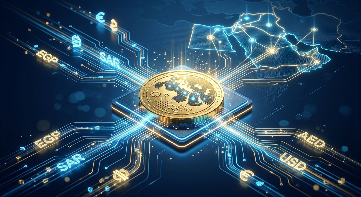 An abstract editorial illustration showing multi-currency financial consolidation with glowing pathways connecting different currency nodes into a single central ledger.