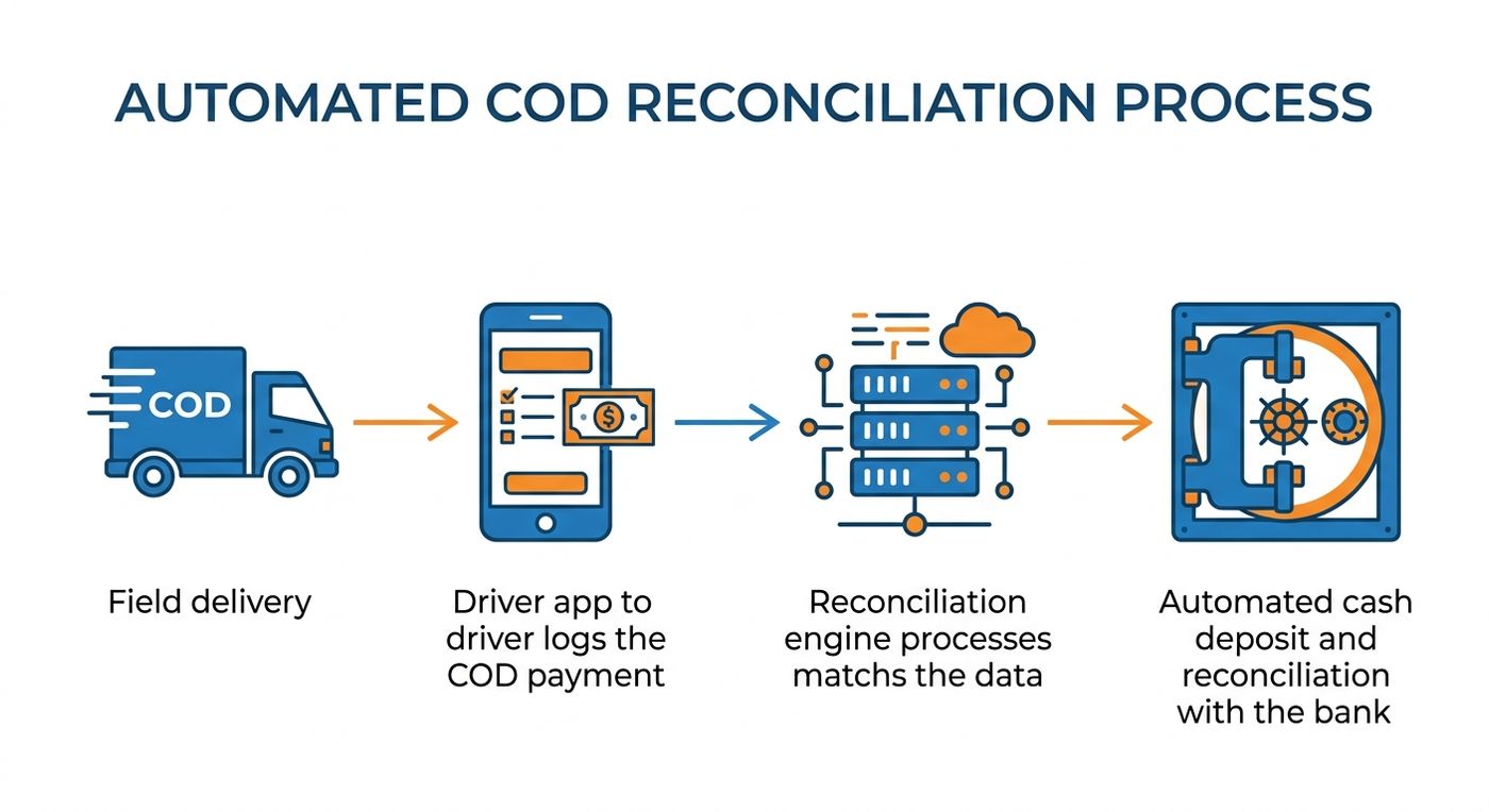 A technical diagram illustrating the automated cash on delivery (COD) reconciliation and driver payout process in a logistics ERP.
