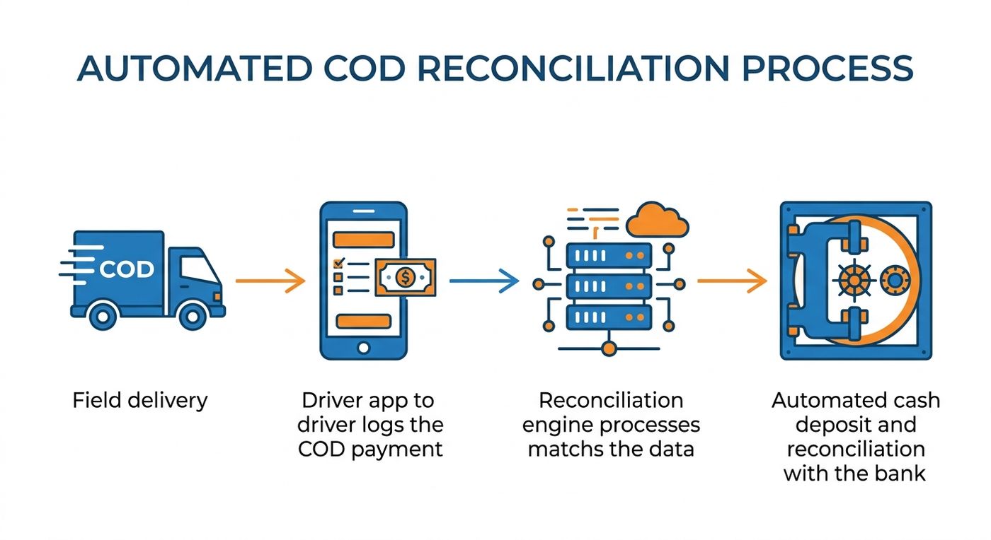 A technical diagram illustrating the automated cash on delivery (COD) reconciliation and driver payout process in a logistics ERP.