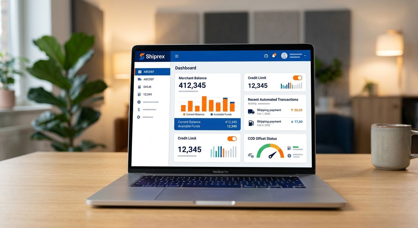 A digital showcase of the Shiprex merchant wallet dashboard on a laptop, displaying balance tracking, credit limits, and automated transaction logs.