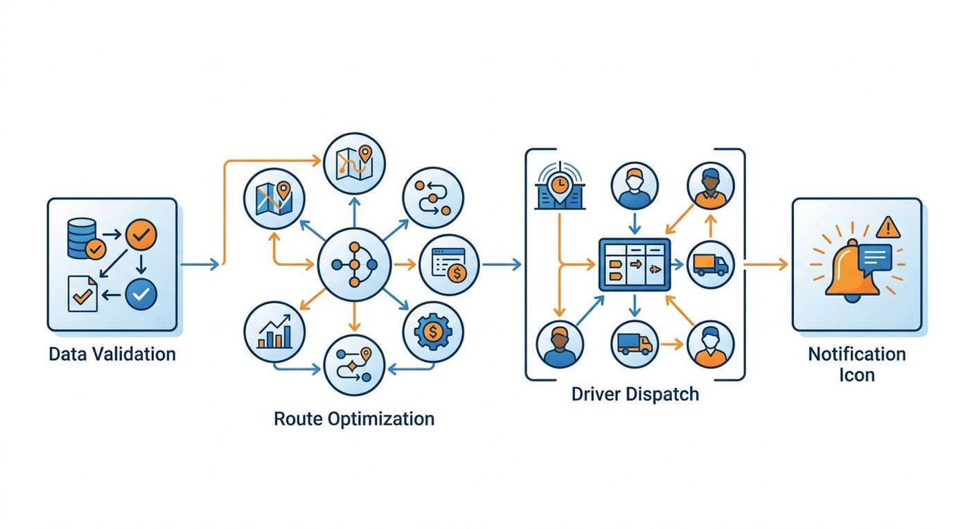A technical diagram showing the workflow of automated delivery notifications and route optimization to reduce shipping costs.