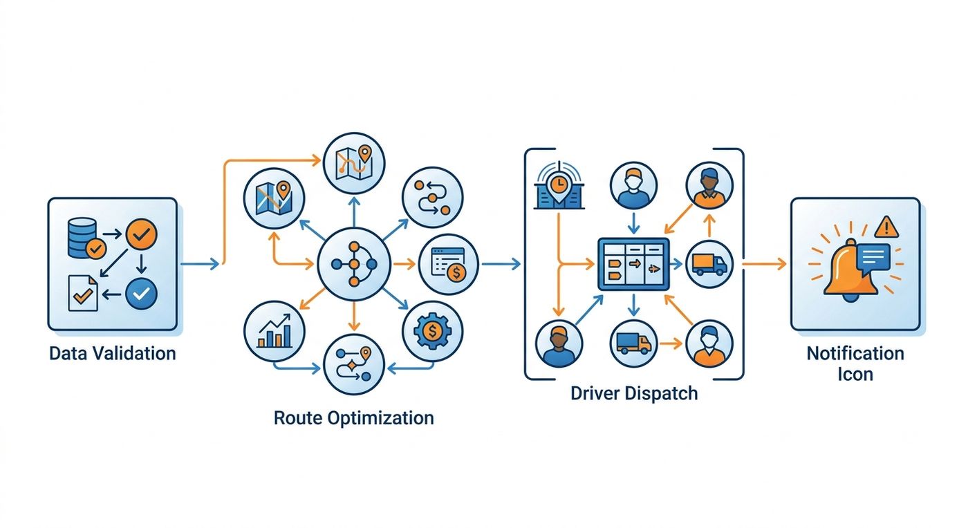 A technical diagram showing the workflow of automated delivery notifications and route optimization to reduce shipping costs.