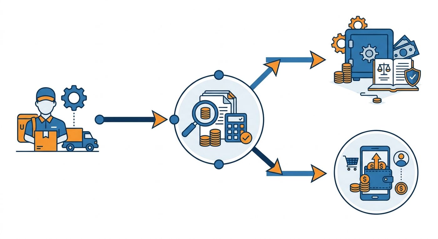 A technical flow diagram showing the cash reconciliation process from courier delivery to hub verification and central ledger integration.
