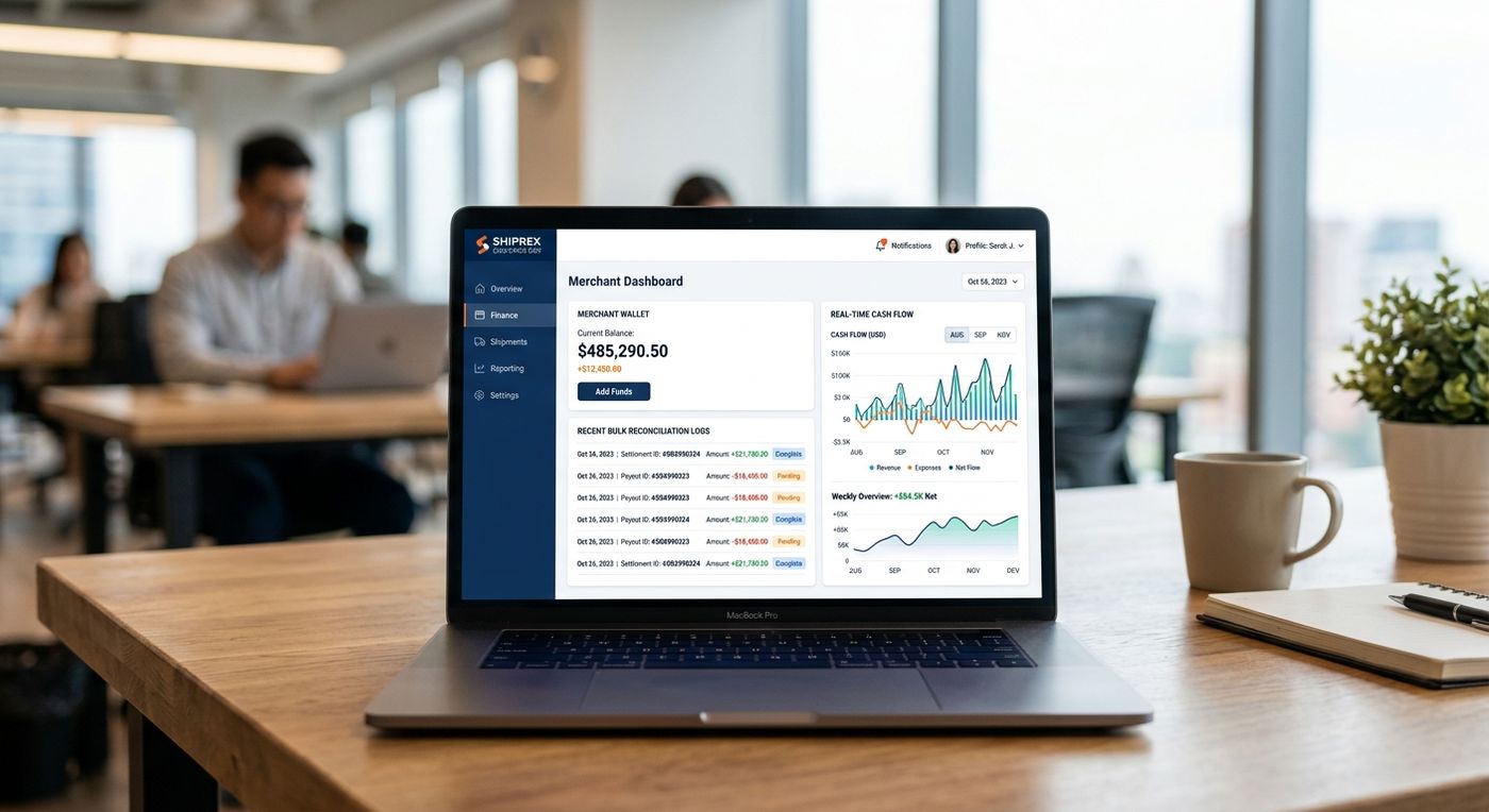 A professional laptop mockup displaying the Shiprex digital merchant wallet and automated COD reconciliation dashboard.