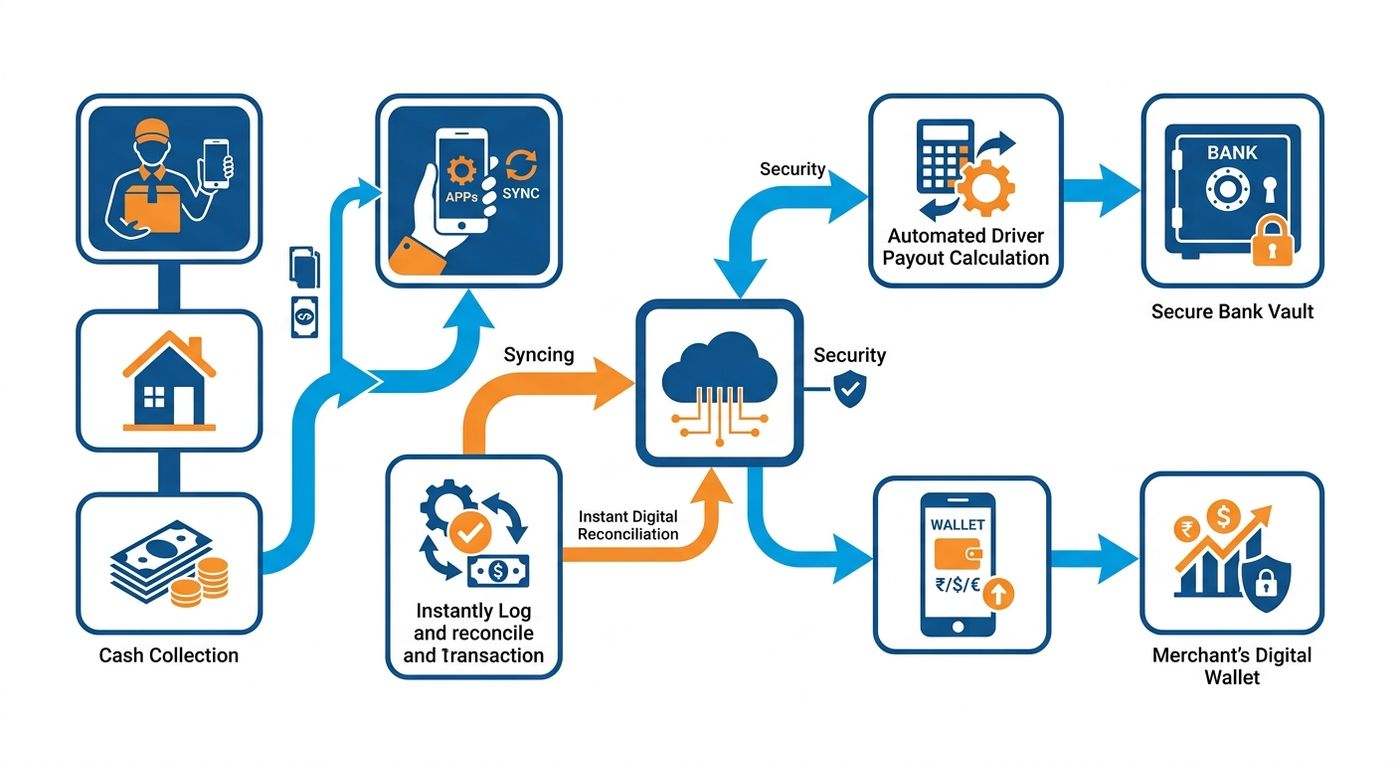 Technical diagram of the automated COD reconciliation and driver payout process in Shiprex ERP.