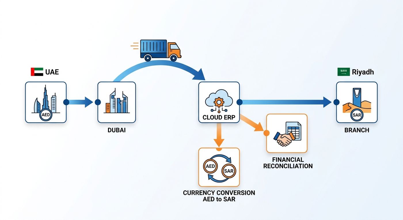 Technical diagram illustrating cross-border GCC logistics flow with automated currency conversion and branch reconciliation in a logistics ERP.