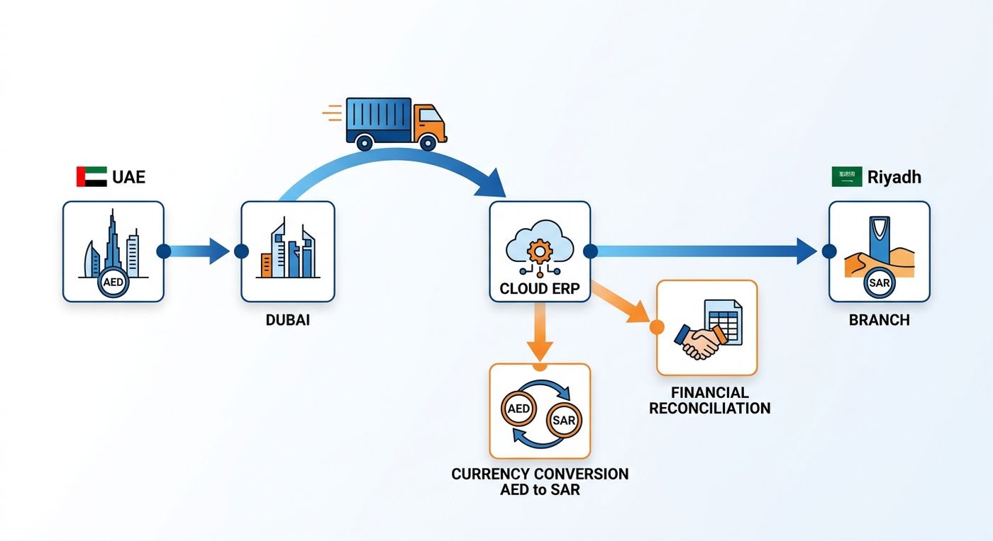Technical diagram illustrating cross-border GCC logistics flow with automated currency conversion and branch reconciliation in a logistics ERP.
