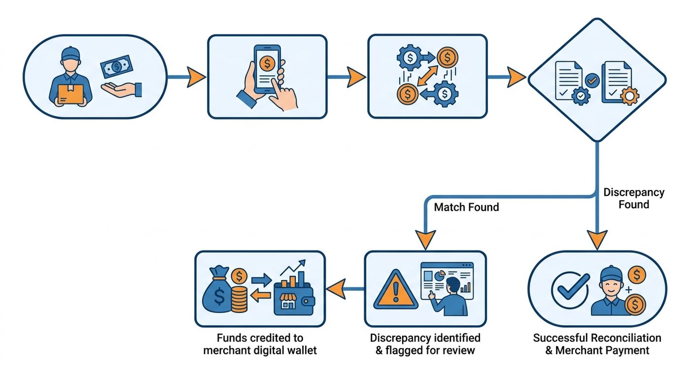 Flowchart diagram illustrating the automated COD reconciliation process in a logistics ERP.