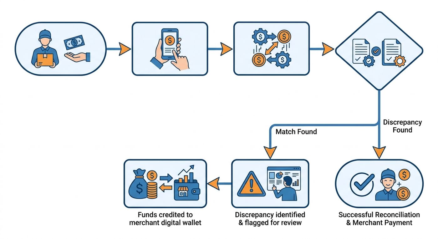 Flowchart diagram illustrating the automated COD reconciliation process in a logistics ERP.
