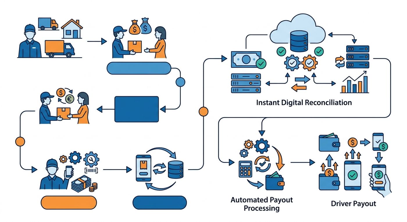 A technical flowchart diagram showing the automated Cash on Delivery (COD) reconciliation and driver payout process in a logistics ERP system.