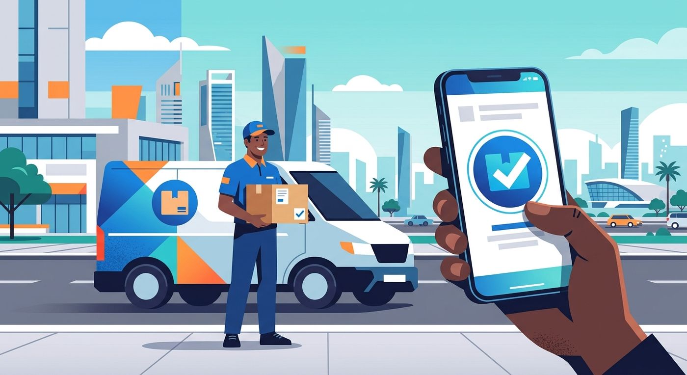 Flat editorial illustration of a last-mile delivery driver in a GCC city delivering a package successfully, assisted by smartphone notifications.