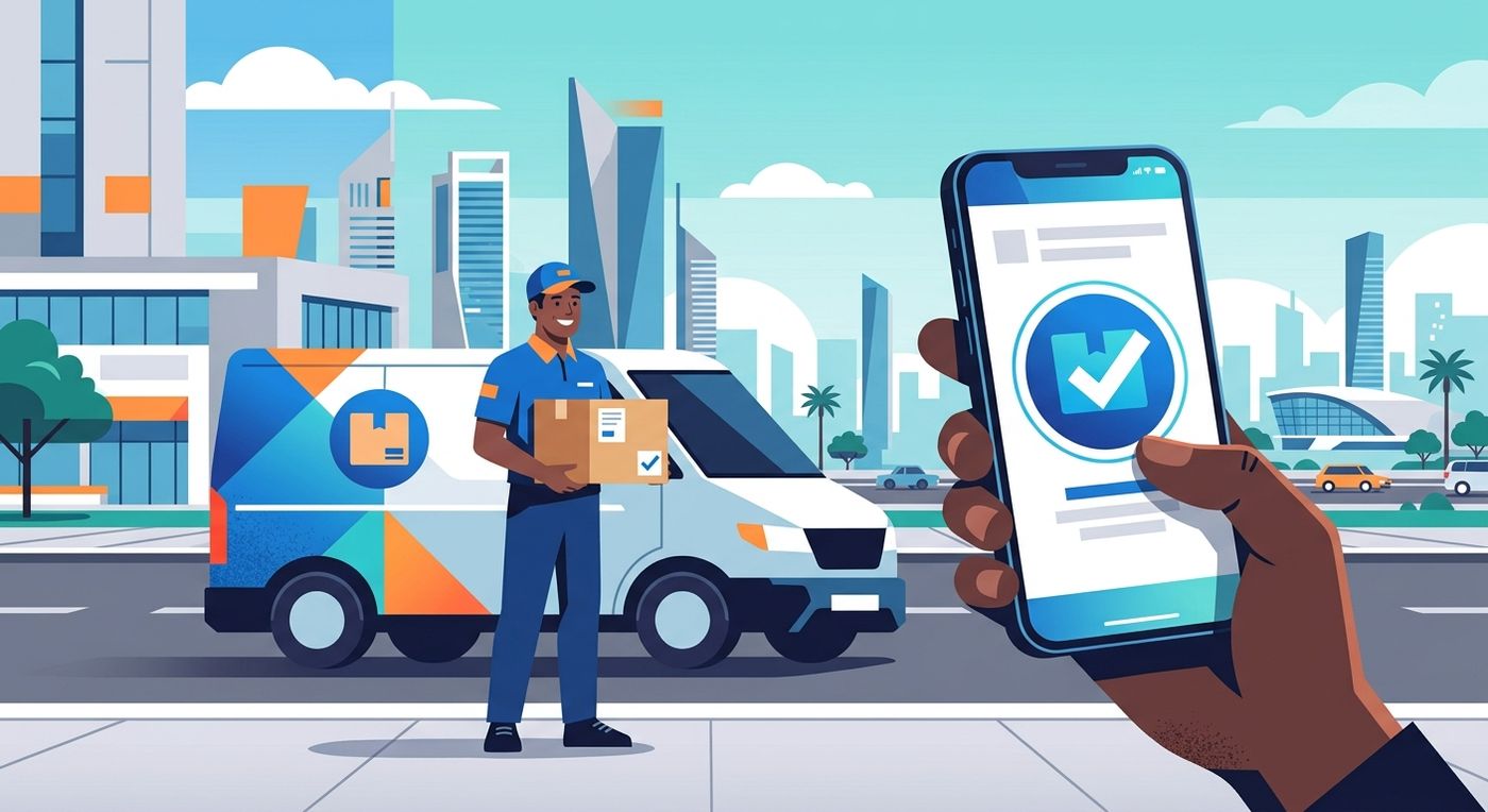 Flat editorial illustration of a last-mile delivery driver in a GCC city delivering a package successfully, assisted by smartphone notifications.