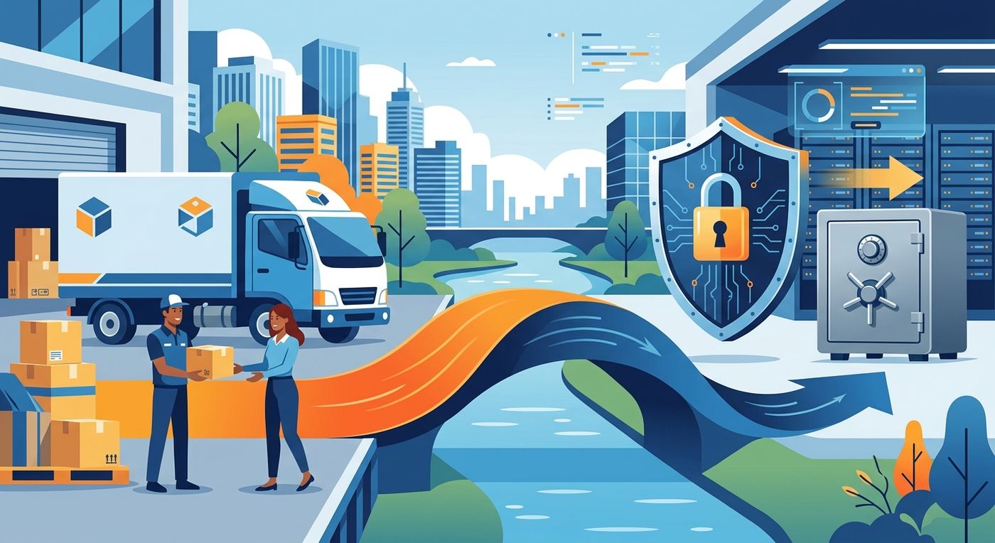 Flat vector illustration representing secure and seamless cash flow reconciliation in logistics, bridging physical delivery and digital finance.