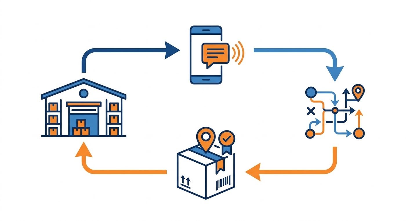 A technical flowchart diagram showing the automated SMS workflow for last-mile delivery coordination and confirmation.