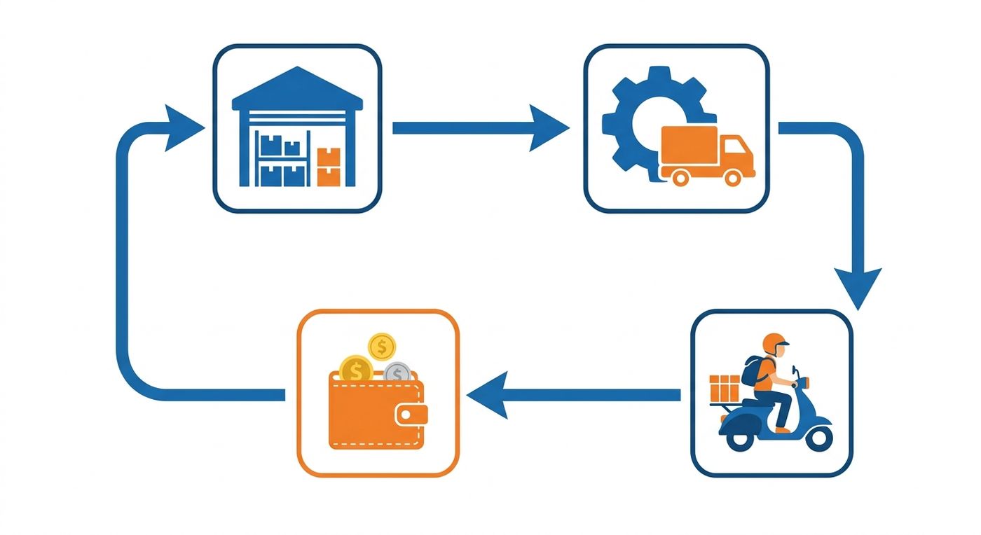 A technical flowchart diagram showing the integration flow from inventory to automated dispatch and financial reconciliation.