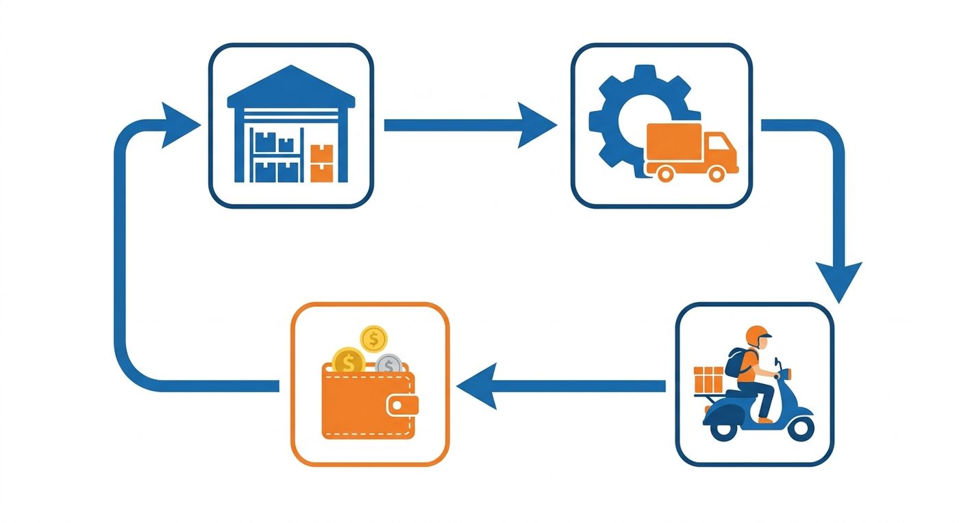A technical flowchart diagram showing the integration flow from inventory to automated dispatch and financial reconciliation.