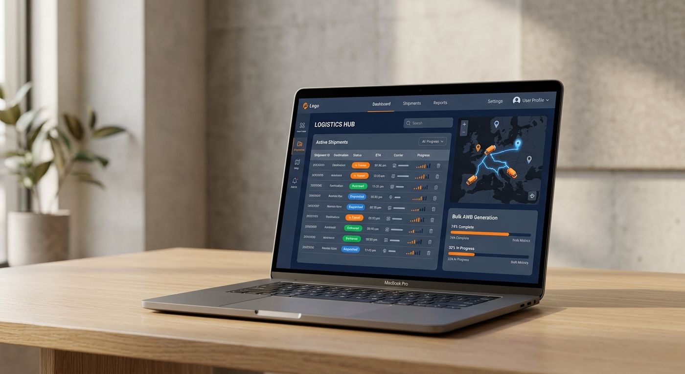 A high-end logistics ERP software dashboard displayed on a laptop, showing bulk AWB generation progress and courier route tracking.