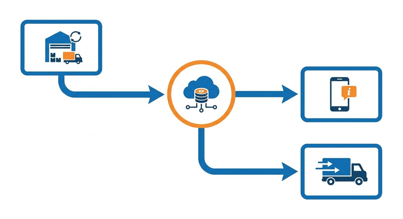 Flowchart showing the automated dispatch workflow of a shipping ERP Saudi Arabia, where bulk dispatch actions trigger automated SMS shipping MENA alerts to customers.