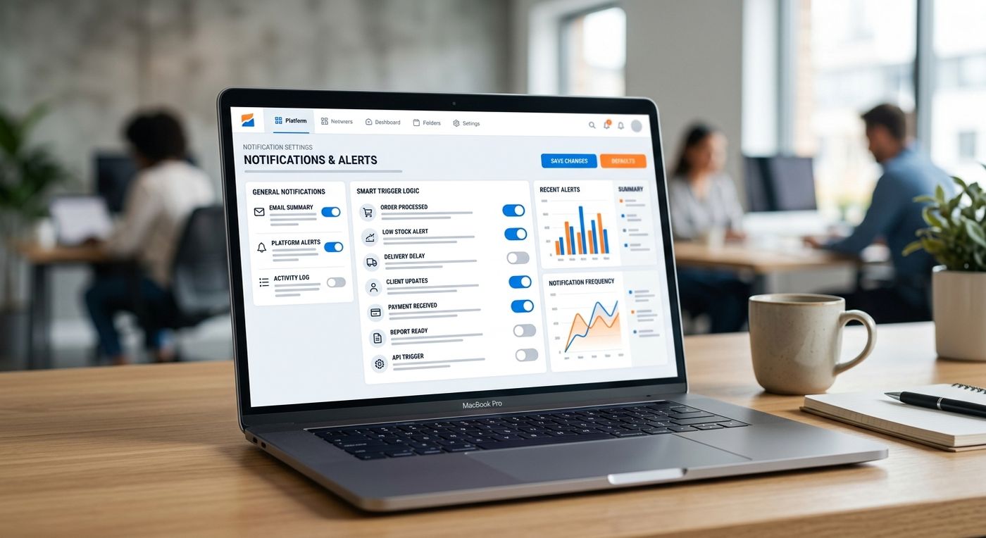 A product showcase of the Shiprex ERP dashboard on a laptop, displaying the notification settings panel with customizable triggers.
