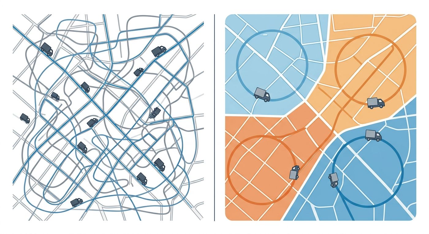 A technical diagram comparing chaotic manual routing with overlapping delivery paths against Shiprex's clean, non-overlapping dynamic route optimization.