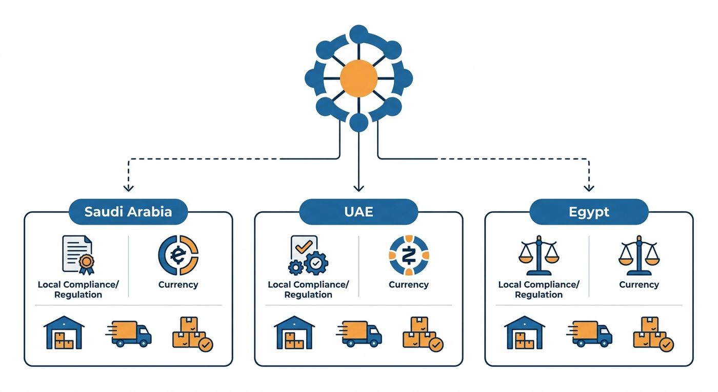 Technical diagram showing a multi-tenant shipping ERP architecture with centralized control branching into independent localized hubs for Saudi Arabia, UAE, and Egypt.