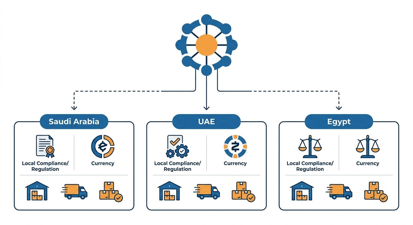 Technical diagram showing a multi-tenant shipping ERP architecture with centralized control branching into independent localized hubs for Saudi Arabia, UAE, and Egypt.