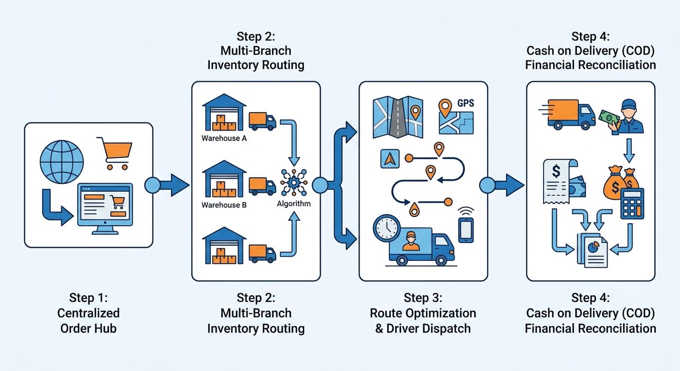 A technical workflow diagram illustrating the multi-branch logistics process from order dispatch to COD financial reconciliation.