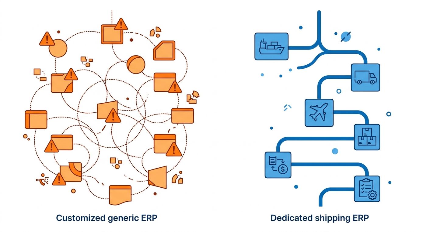 A technical diagram comparing the complex, fragmented customization path of a generic ERP with the streamlined, integrated path of a dedicated shipping ERP.