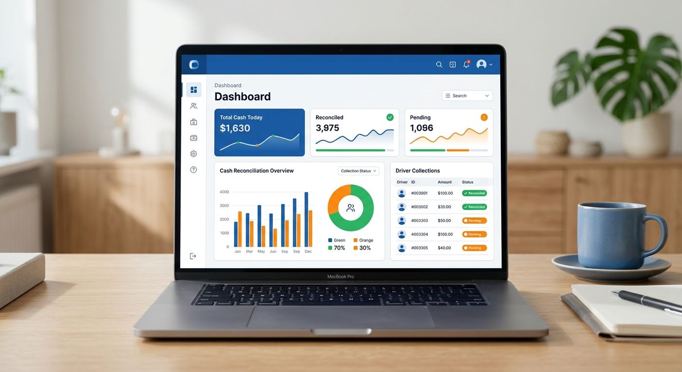 لوحة تحكم تسوية المبالغ النقدية للمناديب من نظام ERP شيب ريكس معروضة على شاشة كمبيوتر محمول حديث.