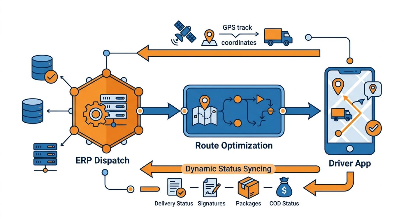 Technical flowchart diagram showing the real-time dispatch, route optimization, and driver app synchronization workflow in Shiprex ERP.