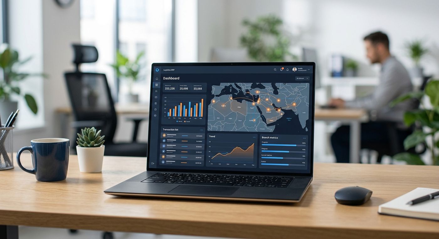 A modern SaaS dashboard mockup on a laptop screen showing financial analytics, branch transactions, and logistics treasury management charts.