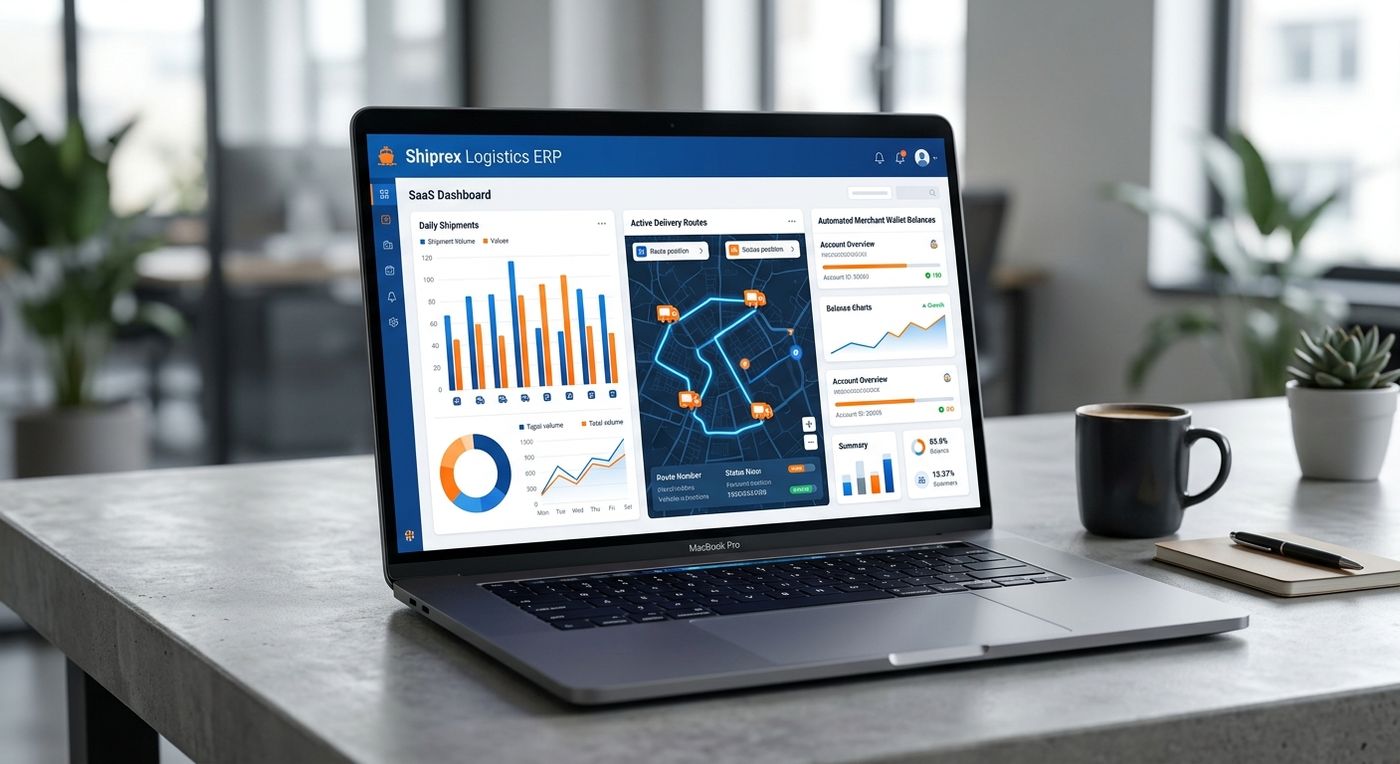 A modern SaaS dashboard interface of Shiprex ERP displayed on a laptop, showing real-time delivery analytics and merchant wallet balances.