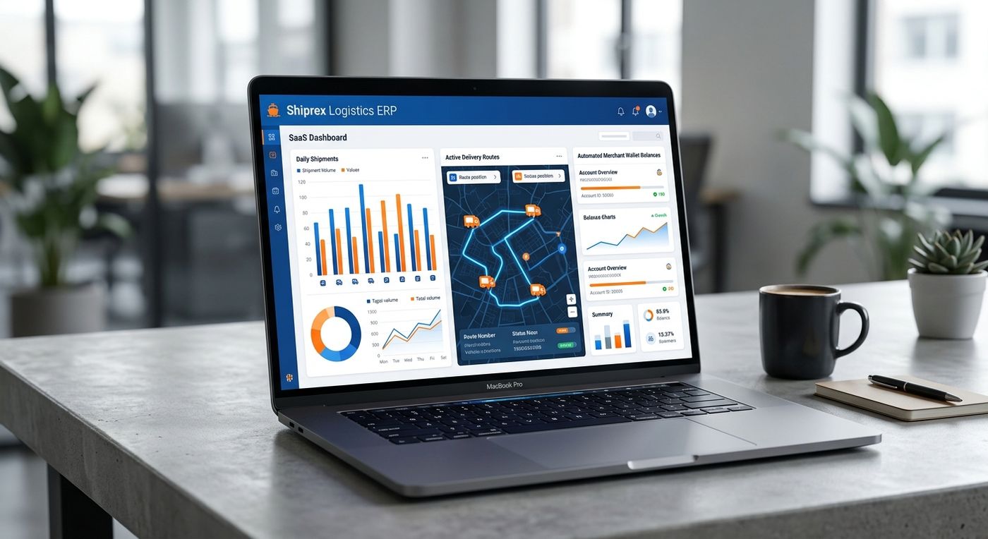 A modern SaaS dashboard interface of Shiprex ERP displayed on a laptop, showing real-time delivery analytics and merchant wallet balances.