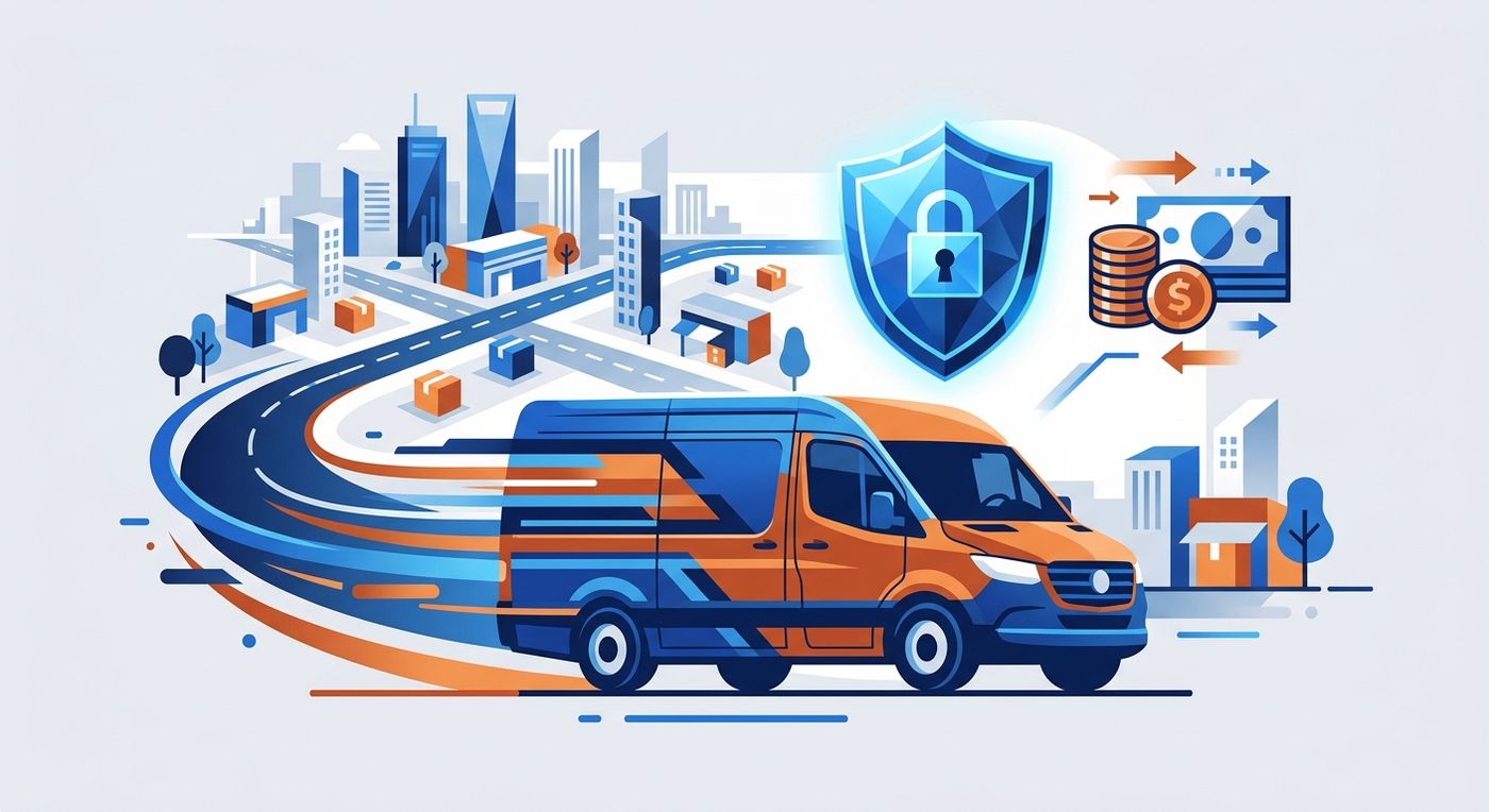An editorial illustration representing fast last-mile delivery and secure COD cash reconciliation for shipping companies.