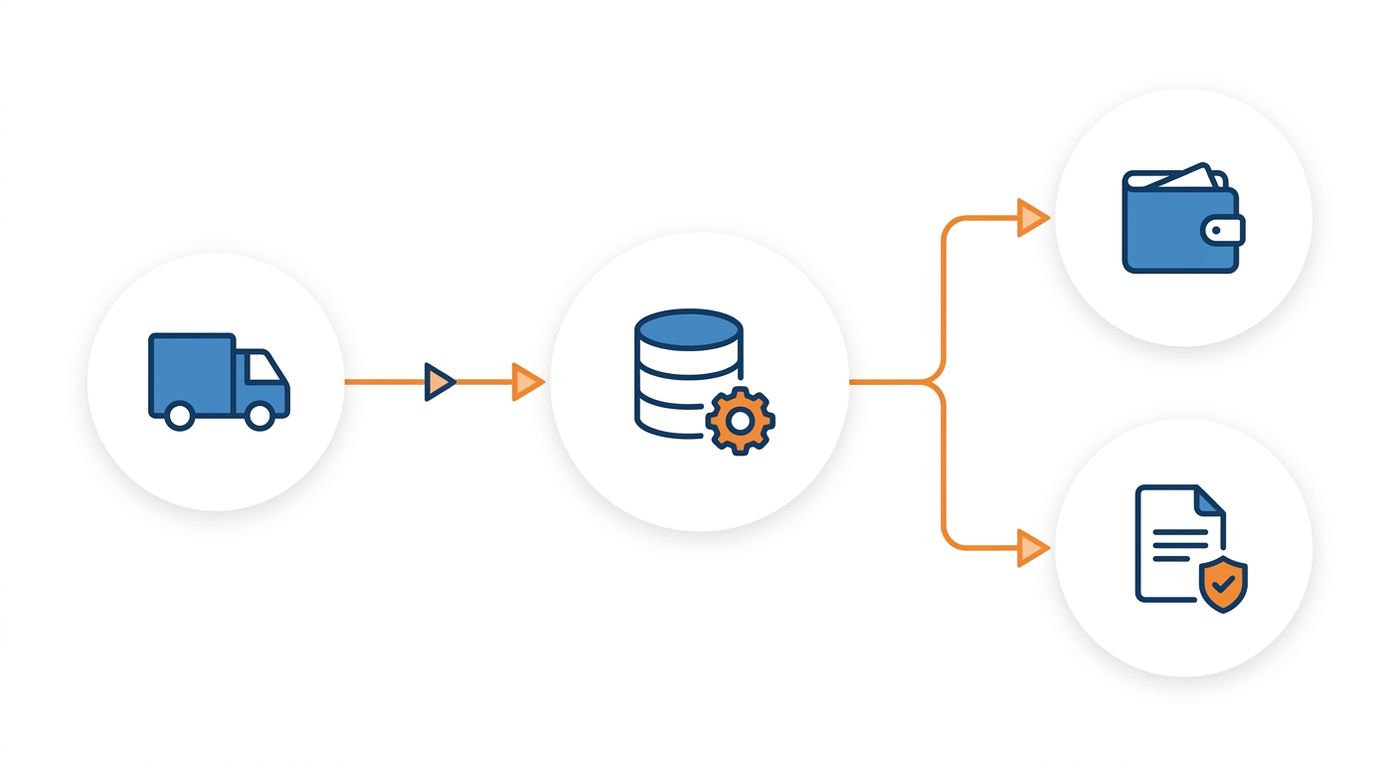 Technical diagram showing the automated cash-to-wallet reconciliation workflow in a logistics ERP system.