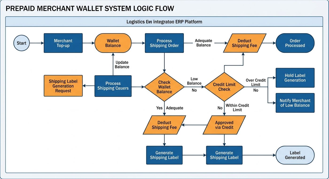 Flowchart diagram illustrating the automated prepaid merchant wallet logic, showing how balance checks and credit limits trigger label generation or holds.