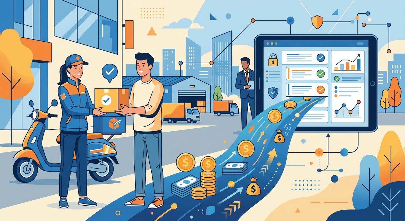 A flat vector illustration showing the automated flow of Cash on Delivery (COD) payments from a courier delivery to a digital ledger.