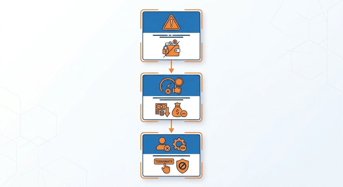 A technical flow diagram showing the three-stage automated driver penalty workflow for GPS delivery mismatches, using clean icons for warnings, penalties, and termination.