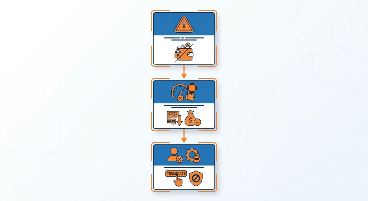 A technical flow diagram showing the three-stage automated driver penalty workflow for GPS delivery mismatches, using clean icons for warnings, penalties, and termination.