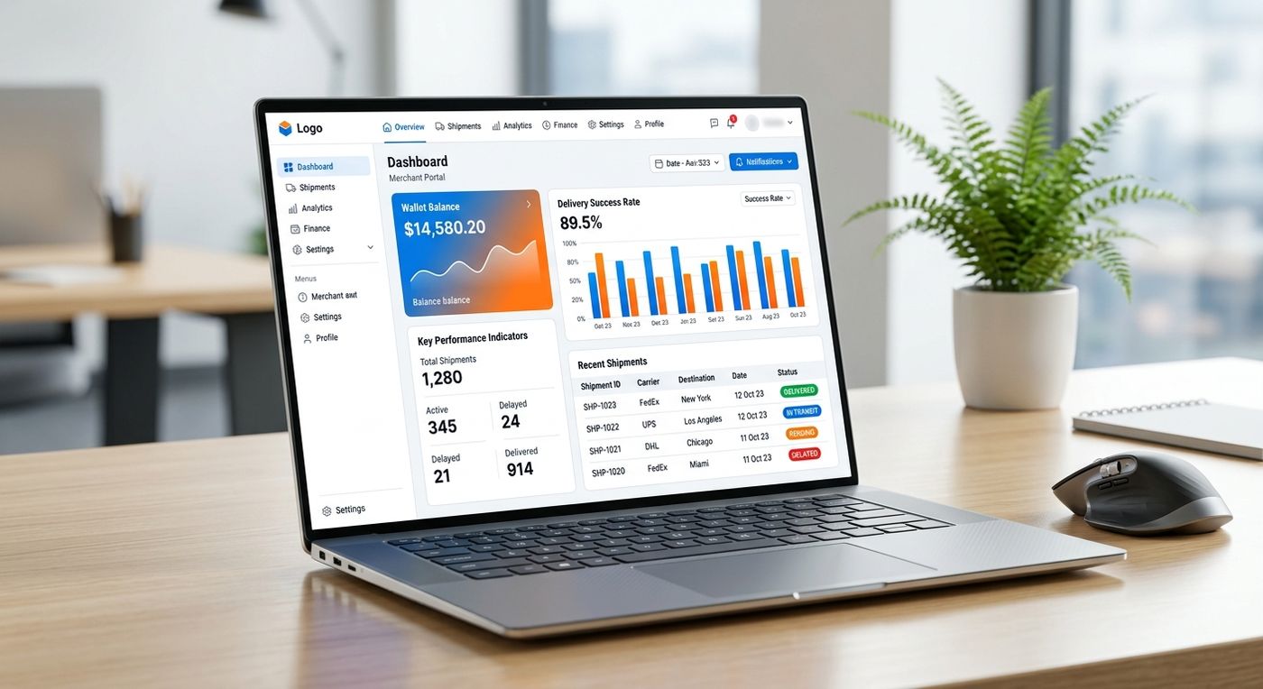 نموذج لواجهة مستخدم احترافية للوحة تحكم التاجر مخصصة لتتبع الشحنات والعمليات اللوجستية.