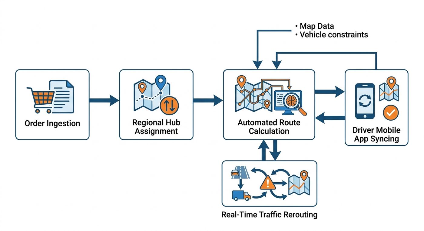 A technical flowchart showing the dynamic route planning and dispatch process in a logistics ERP.