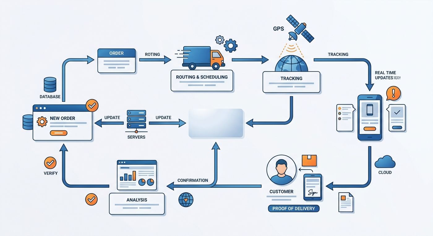 Flowchart diagram illustrating the automated verification loop for delivery drivers, showing GPS checks and OTP verification steps.